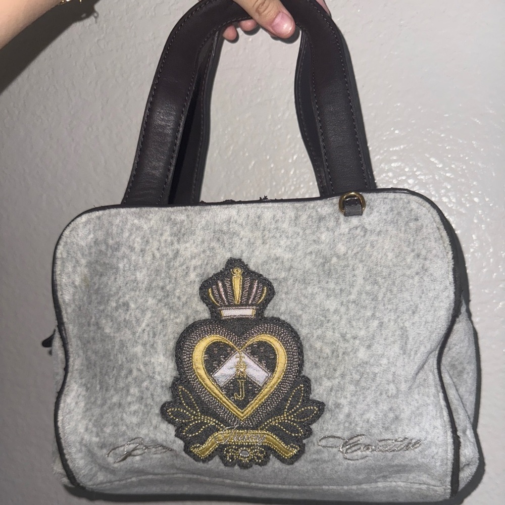 Juicy Couture Heart & Crown gray velour boxy tote satchel purse